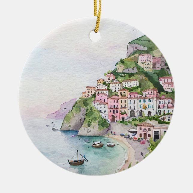 Amalfi Kusten Italien Watercolor Julgransprydnad Keramik (Framsidan)