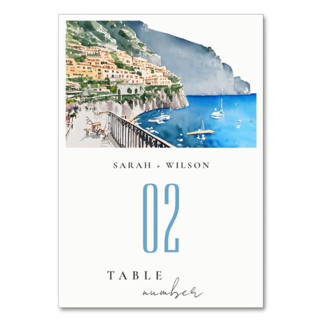 Amalfi Kusten Italien Watercolor liggande Bröllop Bordsnummer (Framsidan)