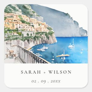 Amalfi Kusten Italien Watercolor liggande Bröllop Fyrkantigt Klistermärke