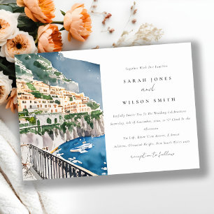 Amalfi Kusten Italien Watercolor liggande Bröllop Inbjudningar