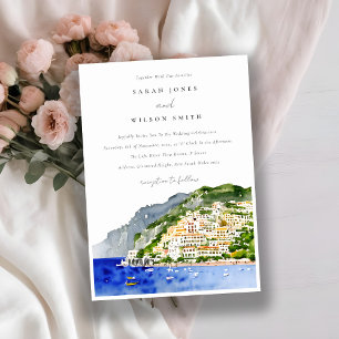Amalfi Kusten Italien Watercolor liggande Bröllop Inbjudningar