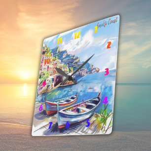 Amalfi Kusten Italien Watercolor Sketch   Fyrkantig Klocka