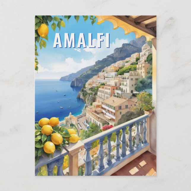Amalfi Kusten Lemon Balcony Sea View Retro Travel Vykort (Framsida)
