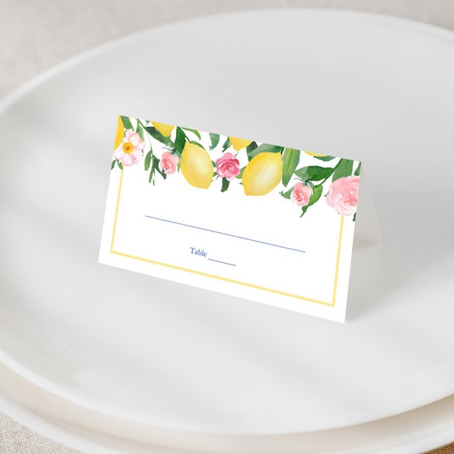 Amalfi Kusten Lemons Rosa Flowers Bröllopsfest Placeringskort (lemons with pretty pink flowers and mediterranean tiles wedding shower place cards)