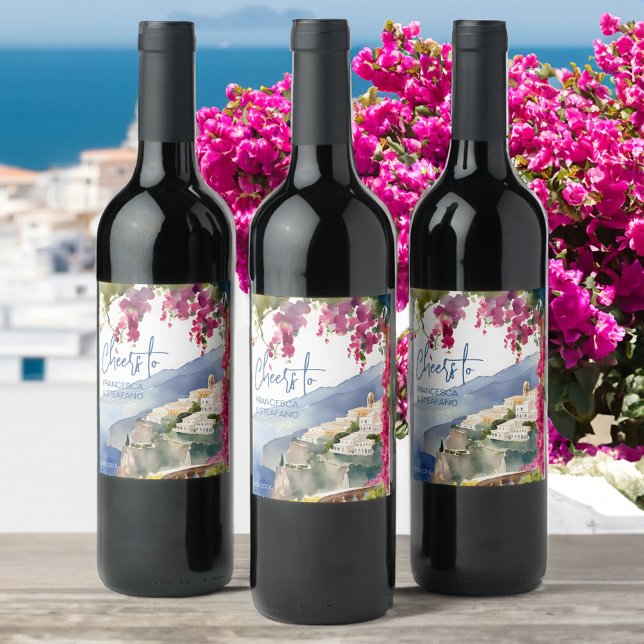 Amalfi kusten Mediterranean monogram tryckt Vinflaska Etikett (Amalfi coast bougainvillea  Mediterranean wedding bridal shower monogram printed Wine Label )
