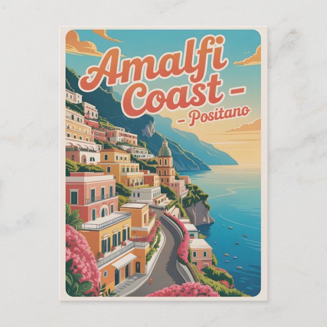 Amalfi Kusten Positano Vintage Vykort (Framsida)