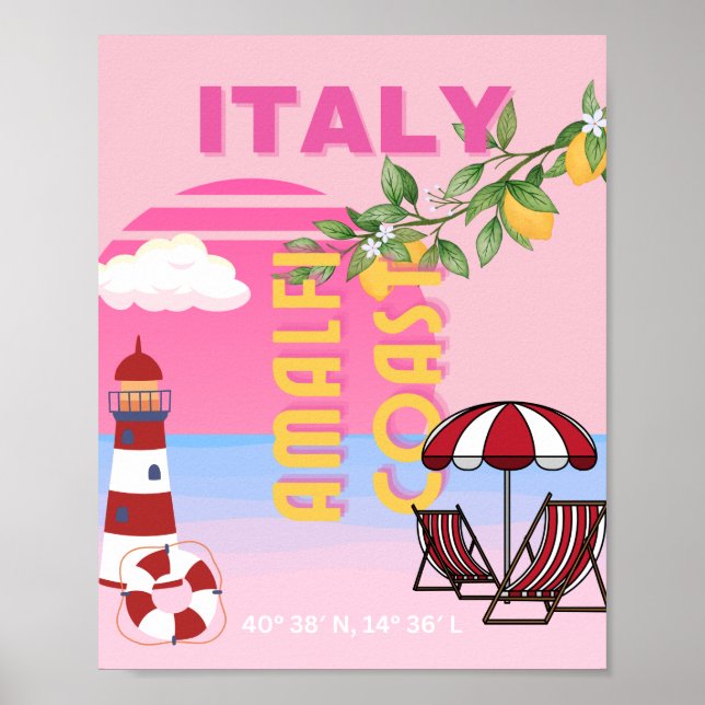 Amalfi Kusten, Preppy Travel, Rosa Poster (Framsidan)