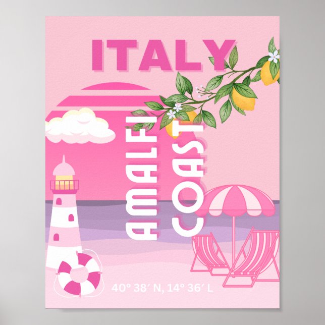 Amalfi Kusten, Preppy Travel, Rosa Poster (Framsidan)