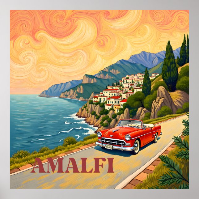 Amalfi Kusten Retro Drive: Van Gogh Stil Poster (Framsidan)