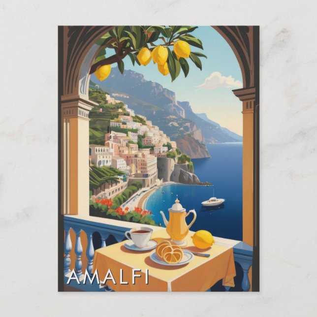 Amalfi Kusten Romantic Scenery Balcony Retro Trave Vykort (Framsida)