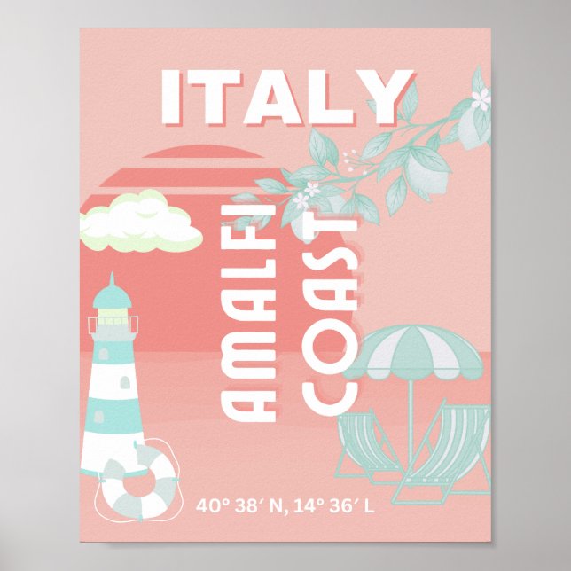 Amalfi Kusten, Travel Art, Pastel Poster (Framsidan)