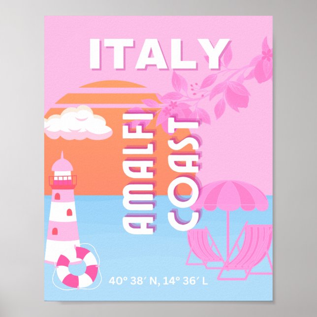 Amalfi Kusten Travel Art, Preppy Travel, Rosa Poster (Framsidan)