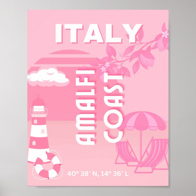 Amalfi Kusten, Travel Art, Rosa Poster (Framsidan)