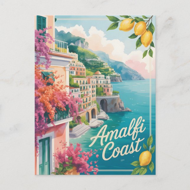 Amalfi Kusten, vattenfärg Vykort (Framsida)