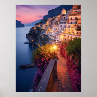 Amalfi Kusten vid Dusk Art-utskrift Poster