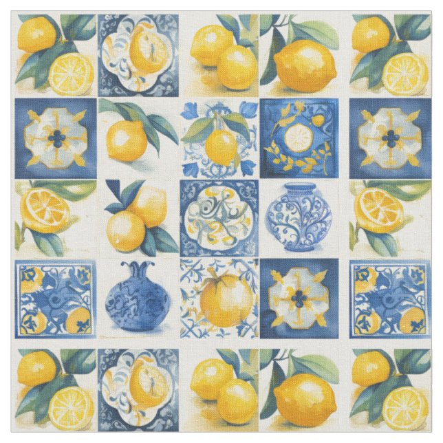 Amalfi Kusten Watercolor Mediterranean Lemon Tyg (Närbild)