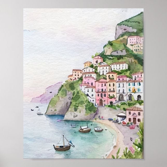 Amalfi Kusten Watercolor Painting Poster (Framsidan)