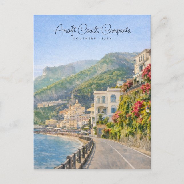Amalfi-kustens akvarell romantiska resminne helg vykort (Framsida)