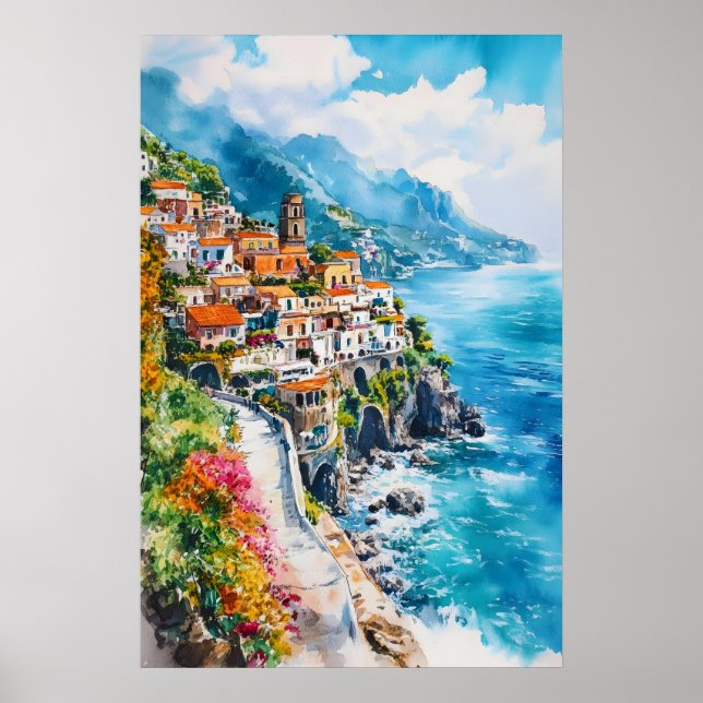 Amalfi-kustens akvarell Vintage Resa Affisch Ski (Framsidan)