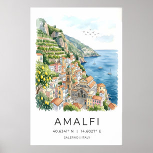 Amalfi-kustens akvarelltryck turkos hav poster