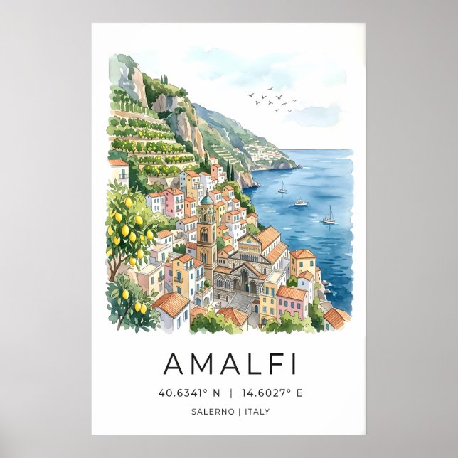 Amalfi-kustens akvarelltryck turkos hav poster (Framsidan)