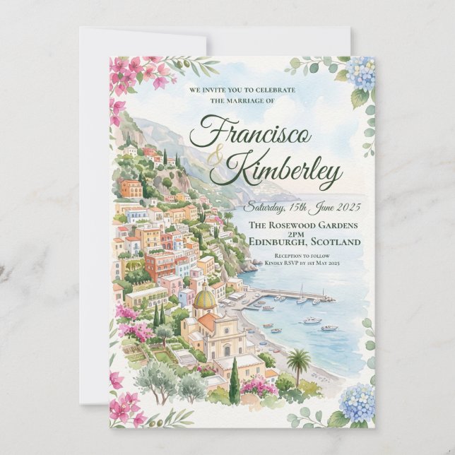 Amalfi-kustens blombröllopsinbjudan inbjudningar (Framsida)