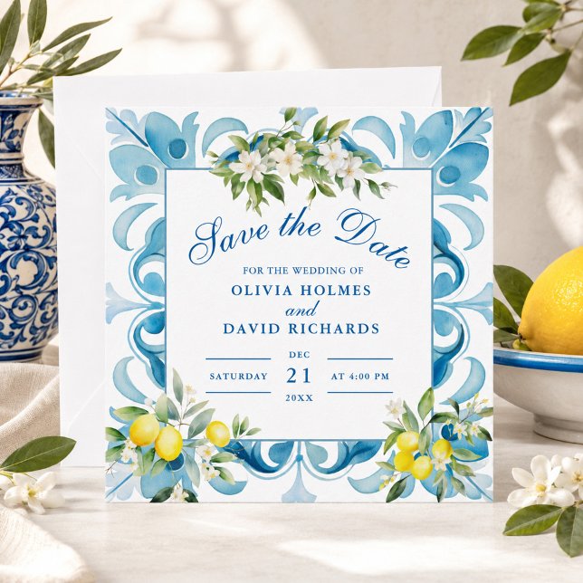 Amalfi-kustens citron vigsel blå kakel spara datumet (Amalfi Coast Lemon Wedding Blue Tile Save The Date)