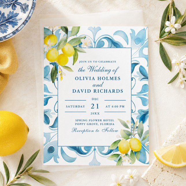 Amalfi-kustens citronblå kakelbröllop inbjudningar (Amalfi Coast Lemon Blue Tile Wedding Invitation)