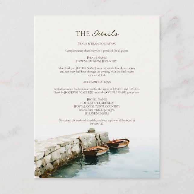 Amalfi-kustens fiskebåtsbrygga Bröllopsdetaljer  Tilläggskort (Framsida)