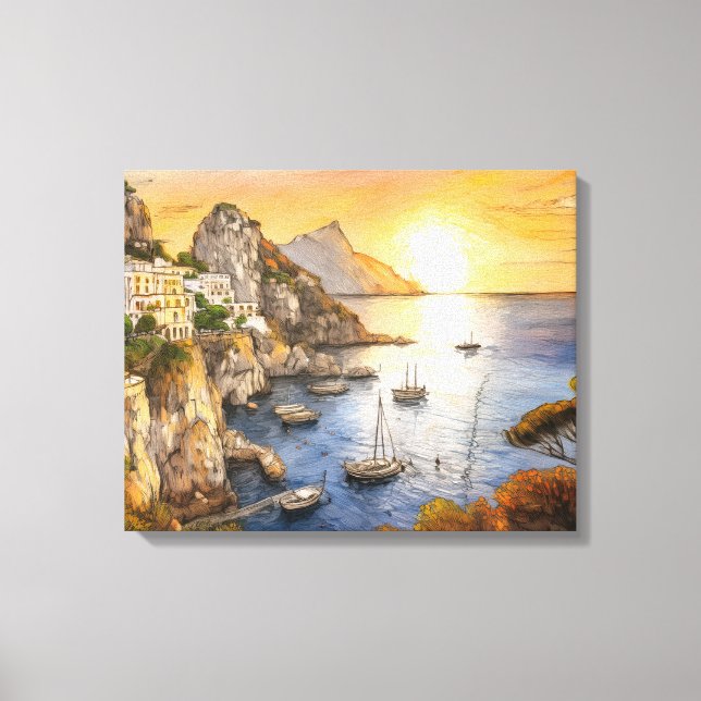 Amalfi-kustens solnedgång som illustrerar kustby canvastryck (Framsida)