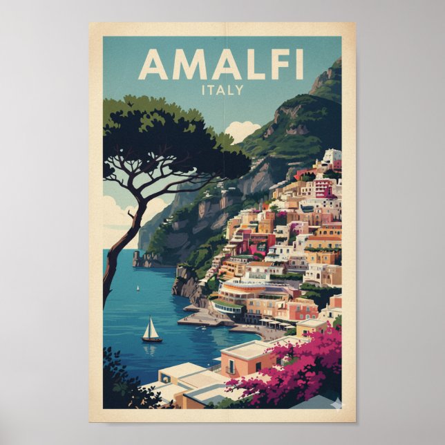 Amalfi-kustens vintageaffisch – Positano retrotryc Poster (Framsidan)