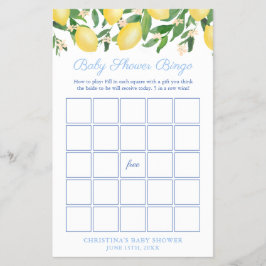Amalfi Lemon Blek Blue Baby Shower Bingo Game Card Flygblad