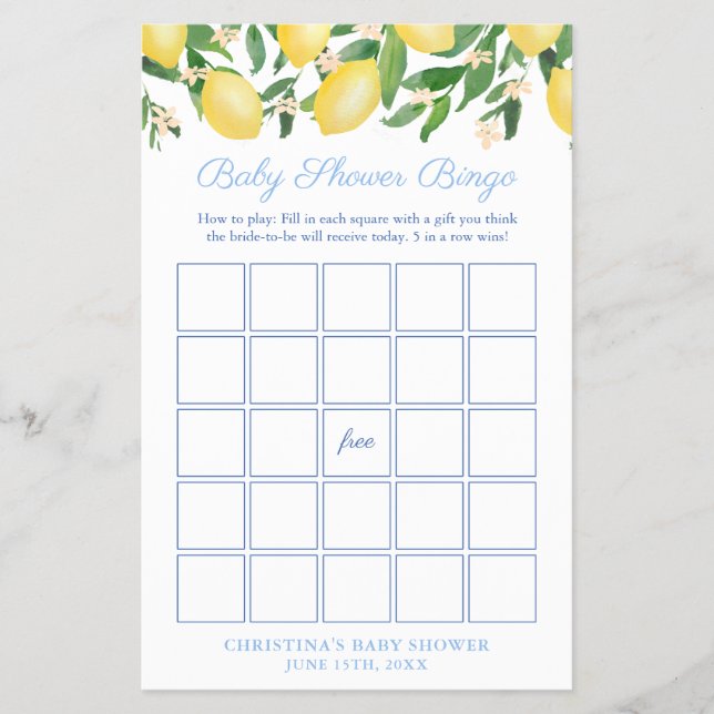 Amalfi Lemon Blek Blue Baby Shower Bingo Game Card Flygblad (Framsidan)