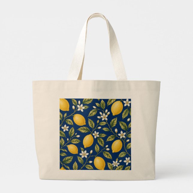 Amalfi Lemon Orchard Blue Botanical Pattern Tote B Jumbo Tygkasse (Baksida)