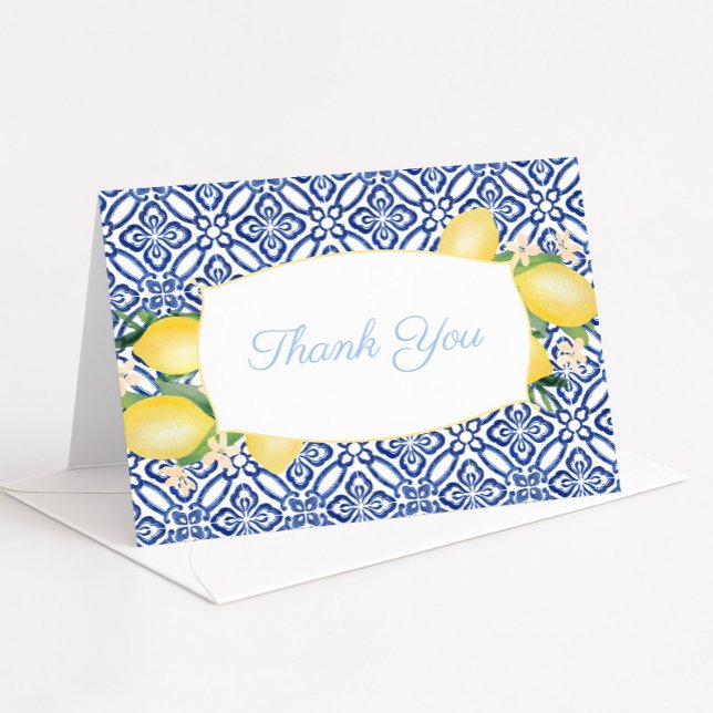 Amalfi Lemons Azulejos Powder Blue Baby Shower Tack Kort (Amalfi Lemons and blue and white vintage tiles baby boy shower thank you card)