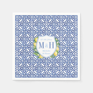 Amalfi Lemons Blue Tile Monogram Bröllop Pappersservett