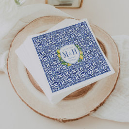 Amalfi Lemons Blue Tile Monogram Bröllop Pappersservett