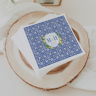 Amalfi Lemons Blue Tile Monogram Bröllop Pappersservett