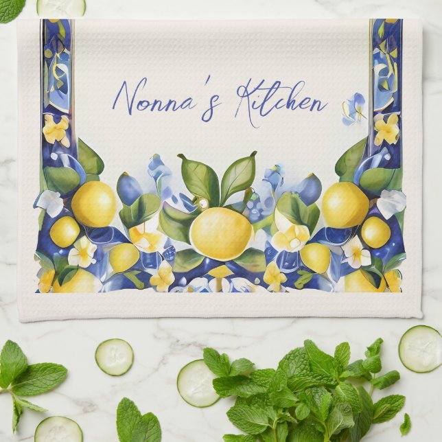 Amalfi Lemons Mediterranean Blue & Gult Lemon Kökshandduk (Vikta)