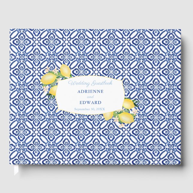 Amalfi Lemons Mediterranean Blue Tiles Bröllop Gästböcker (Framsida)