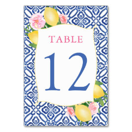 Amalfi Lemons Rosa Flowers Blue Tiles Bröllop Bordsnummer