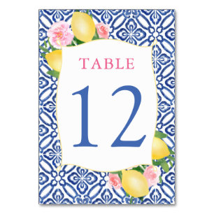 Amalfi Lemons Rosa Flowers Blue Tiles Bröllop Bordsnummer