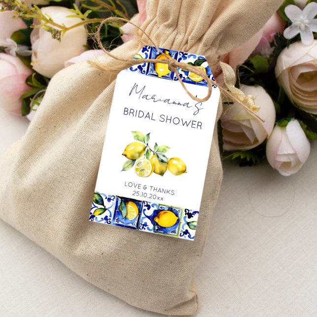 Amalfi Majolica blue tiles lemons möhippa Presentetikett (Blue tiles lemons Majolica tiles Amalfi Sicialian bridal shower favor gift tags watercolor favor tag)