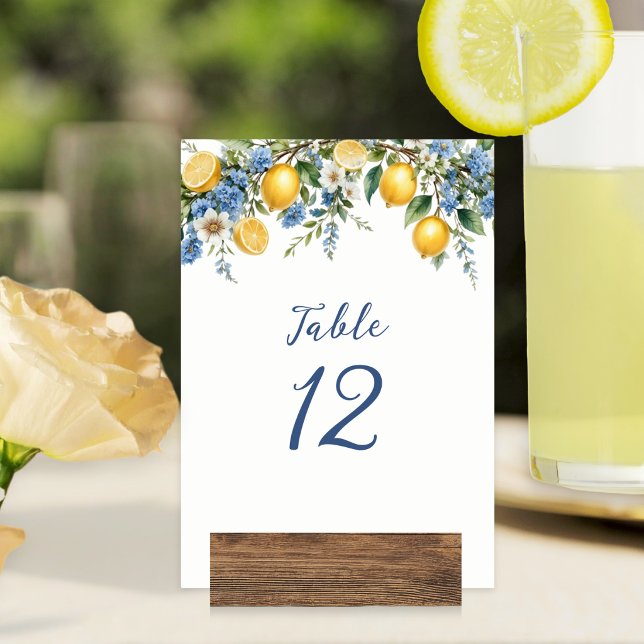 Amalfi Medelhavet Citroner Bröllopsbord Bordsnummer (A customizable table number card for an elegant wedding reception, with Mediterranean lemons design)