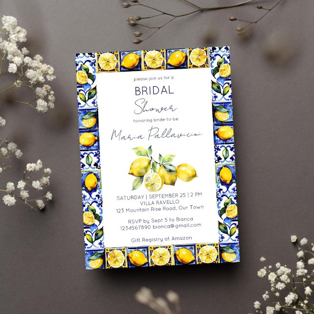 Amalfi Positano blue tiles Citons möhippa Inbjudningar (Amalfi Positano blue tiles lemons Mediterranean bridal shower template invitation digital download)