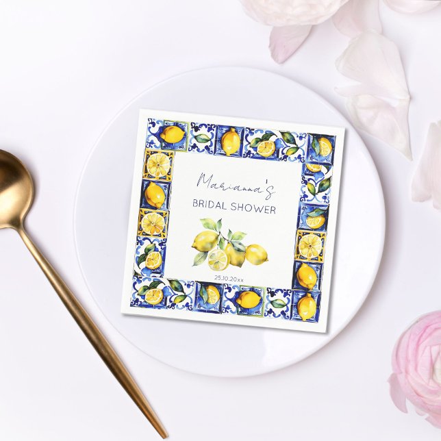 Amalfi Positano blue tiles Citons möhippa Pappersservett (Amalfi Sicilian Majoica blue tiles lemons bridal shower tableware personalized napkins citrus themed)