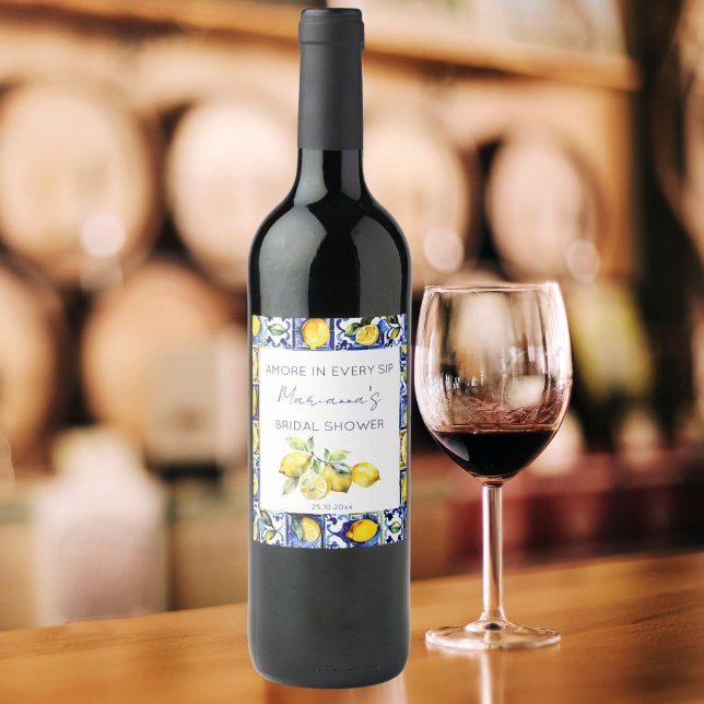 Amalfi Positano blue tiles Citons möhippa Vinflaska Etikett (Blue majolica tiles lemons Mediterranean themed bridal shower personalized wine bottle labels)