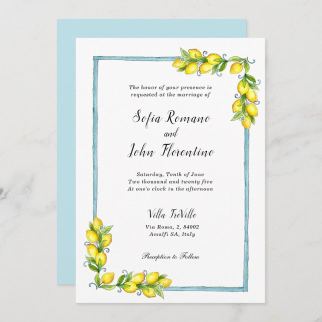 Amalfi, vattenfärgen Lemons vintage bröllop Meddelande (Fram/baksida)