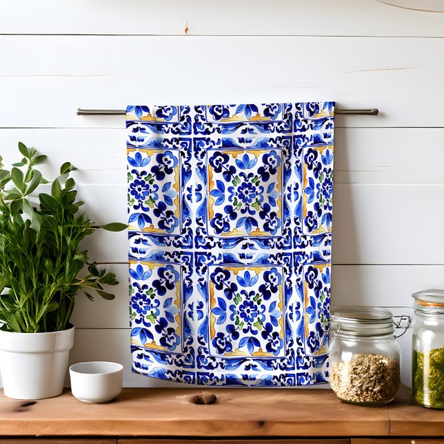 Amalfi Vietnamri italiensk blå plattor Medelhavet Kökshandduk (Amalfi Vietri Italian blue tiles Mediterranean Kitchen Towel)