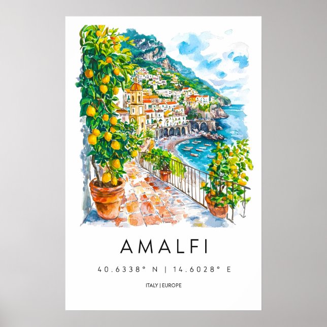 Amalfiakväll Akvarell Affisch Amalfi Resa Print (Framsidan)